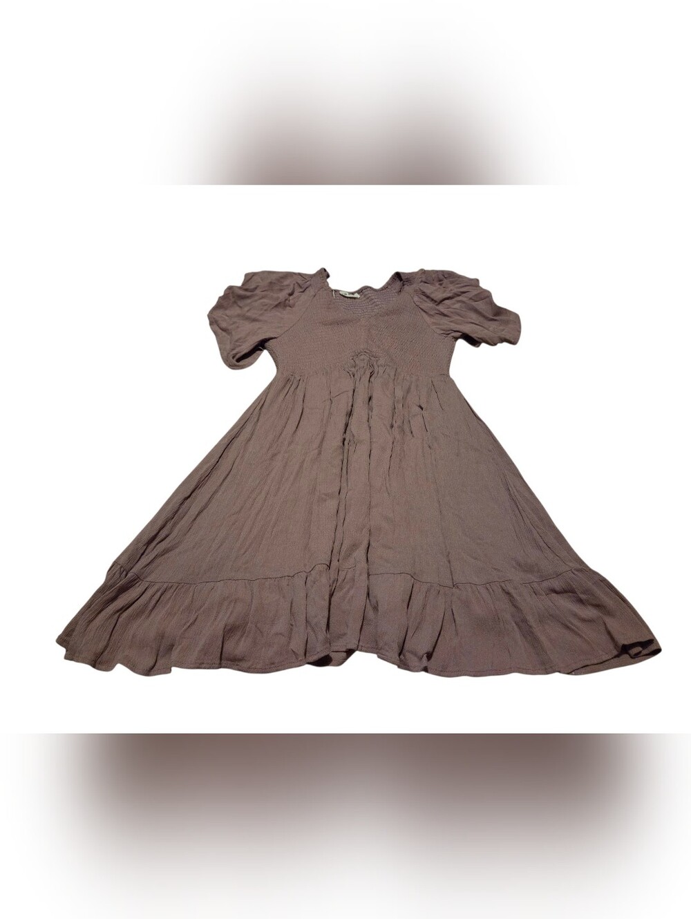 In Loom L Smocked V-Neck Flutter Sleeve Dress Taupe Mauve Boho Cottagecore